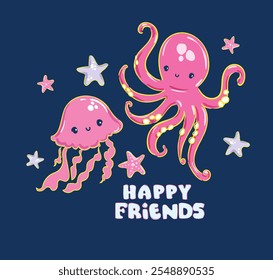 Cute Jellyfish and Octopus Vector Hand Drawn Kids Print Design