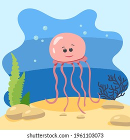 
Cute jellyfish on the background of the seascape. Isolated vector illustration in the seabed. Design concept with marine mammal. Cartoon style