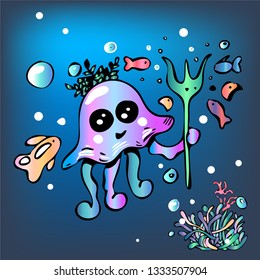 Cute jellyfish on blue background. 
Seaweed, sea animal character used for magazine, book, poster, card, children invitation, web pages