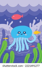 Cute jellyfish on coral reefs illustration for kids background. Tropical ocean landscape for nature wildlife design