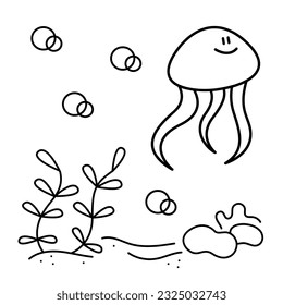 Cute jellyfish on the seabed. Doodle black and white vector illustration.