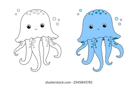 Cute jellyfish, outline cartoon sea animal for children. Vector line nautical illustration for coloring book and page