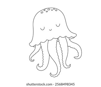 Cute jellyfish, outline cartoon sea animal for children. Vector line nautical illustration for coloring book