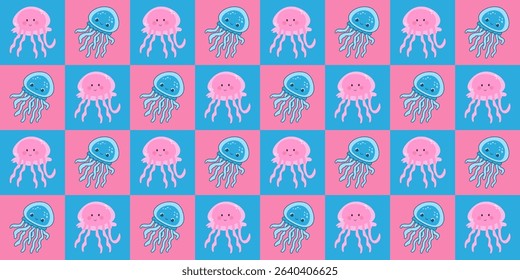 Cute jellyfish pattern on a pink and blue checkered background. Perfect for kids' products, textiles, and playful designs.