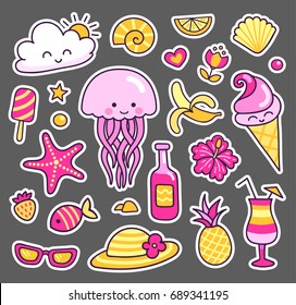 Cute jellyfish, pineapple, banana, cocktail, sea shell, tropical flowers, sun, happy cloud, fish, ice cream, sunglasses. Set of summer stickers, patches, badges, pins. Vector isolated illustration.