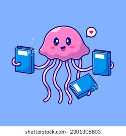 Cute Jellyfish Reading Book Cartoon Vector Icon Illustration. Animal Education Icon Concept Isolated Premium Vector. Flat Cartoon Style