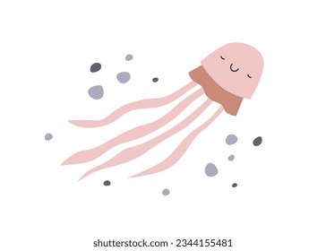 Cute jellyfish in Scandinavian style. Happy funny sea marine animal, medusa swimming among water bubbles. Smiling jelly fish. Kids Scandi flat vector illustration isolated on white background