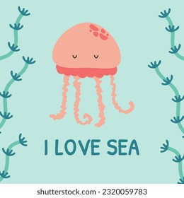 Cute jellyfish. A sea animal. Holiday greeting card. I love the sea. Sea poster, print, card, kids apparel decor, sticker. Minimalist postcard. 