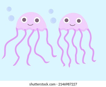 Cute jellyfish.The sea jelly.Wild animal. Marine life.Kawaii character.Purple fish.Cartoon vector illustration.Sign, symbol, icon or logo isolated.Flat design.Clip art.