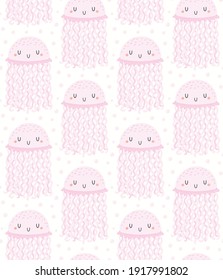 Cute Quallen im Meer nahtlos Muster, rosafarben auf weißem Hintergrund. Handgezeichnete Vektorgrafik. Skandinavisches Flachdesign. Konzept für Kinder nautischer Modedruck, Textilien, Tapete