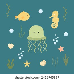 Cute jellyfish, seahorse, cartoon character. Jellyfish swim with starfish and shells. Hand drawn vector marine illustration in flat style. Underwater life. 