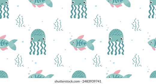 Cute jellyfish seamless pattern. animal cartoon character. flat vector illustration. Template for Notebook covers, pattern for wallpapers, textile or nature background. childish motifs, undersea theme