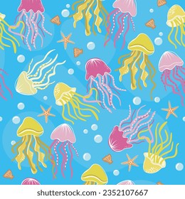 Fondo de patrón impecable de medusas. Las medusas nadan con estrellas de mar y conchas. Perfecto para papel pintado, papel envolvente, etiqueta, tela, impresión, publicidad. etc.