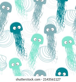 Cute jellyfish seamless pattern. Funny smiling sea ocean animal and wave.   Shell aquarium background. Nautical marine illustration