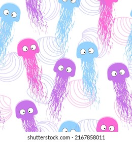 Cute jellyfish seamless pattern. Funny smiling sea ocean animal and wave.  Sea life pattern.