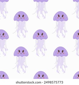 Cute jellyfish seamless pattern. Kawaii background for children. Under the sea, water animal character, ocean fauna. Flat vector design.