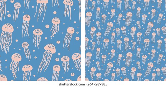 Cute Jellyfish Seamless Vector Pattern Hand Drawn White Jellyfish on Blue Ocean Background for Kids, Summer, or Nautical Designs