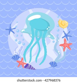 Cute  jellyfish with seastars and shells. Vector illustration