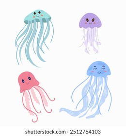 Conjunto de medusas lindas para niños de fondo. Bajo el mar, carácter animal de agua kawaii, fauna del océano. Diseño de Vector plano.