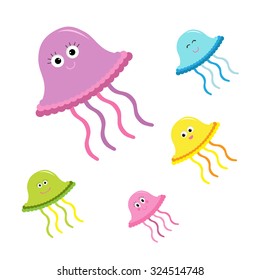 Cute jellyfish set. Happy family. Baby background. Flat design Vector illustration