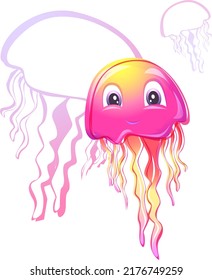 Cute jellyfish with silhouettes of her friends. free-floating marine animals with umbrella-like hanging tentacles. Stylized jellyfish. Vector colorful illustrations, watercolor vector illustrations