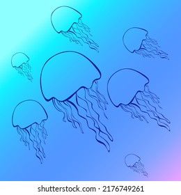 Cute jellyfish with silhouettes of her friends. free-floating marine animals with umbrella-like hanging tentacles. Stylized jellyfish. Vector colorful illustrations, watercolor vector illustrations