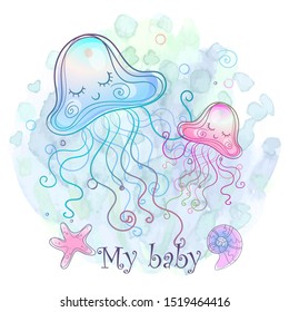 Cute jellyfish  sleeping sweetly. Vector.