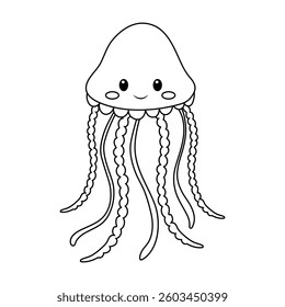 Cute jellyfish with smiling face and long tentacles swimming in an ocean illustration in doodle style