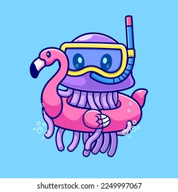 Cute Jellyfish Snorkeling With Flamingo Balloon Cartoon Vector Icon Illustration. Animal Holiday Icon Concept Isolated Premium Vector. Flat Cartoon Style