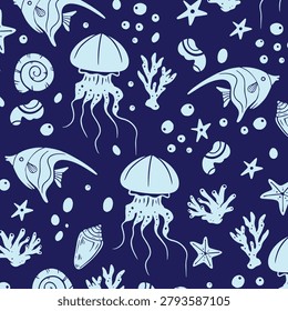 cute jellyfish and stingray seamless pattern on navy blue