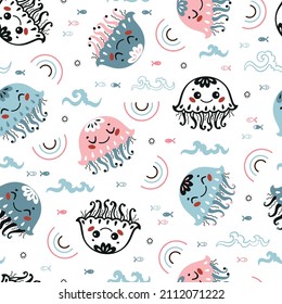 Cute Jellyfish Summer Sea Background for Kids. Vector Seamless Childish Pattern with Doodle Medusa Kawaii Characters, Waves, Little Fish and Rainbows