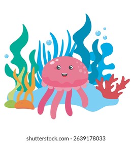 Cute jellyfish swims in the sea underwater.
