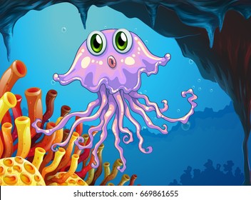 Cute jellyfish under the ocean illustration