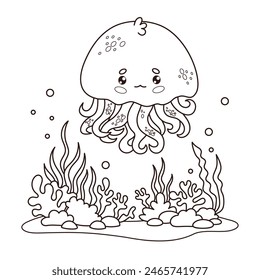 Cute jellyfish with underwater landscape with algae and corals. Outline cartoon kawaii animal character. Line drawing, coloring book. Vector illustration. Kids collection