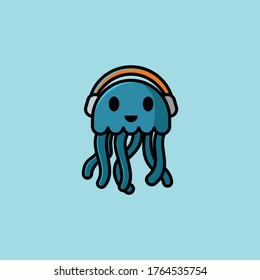 cute jellyfish uses a headset