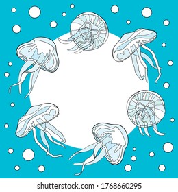 Cute jellyfish vector frame. Hand drawn illustration of uderwater inhabitants on blue water background with round space for text. Medusa with bubbles for card, invitation, baby shower, banner, album