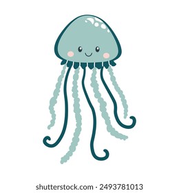 Cute jellyfish  . Vector illustration on white transparent isolated background. Sea animal. Children's illustration in cartoon flat style . Underwater life.