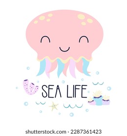 cute jellyfish, vector marine illustration with cartoon sea animal and seaweed, baby print