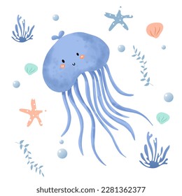 Cute jellyfish watercolor style on a white background.