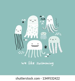 Cute jellyfish. We like swimming lettering. Baby design for birthday invitation or baby shower, poster, clothing, nursery wall art and postcard.