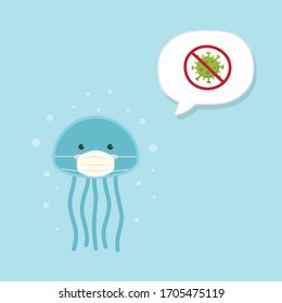 Cute Jellyfish wearing medical mask on sky blue background. Coronavirus (COVID-19) Vector Illustration.  Kawaii sea jelly.