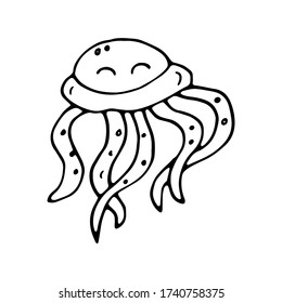 cute jellyfish and World Oceans doodle.Design logo,icon,card,banner template. Greeting card for Ocean day celebration. Vector outline illustration.Kind smart being.