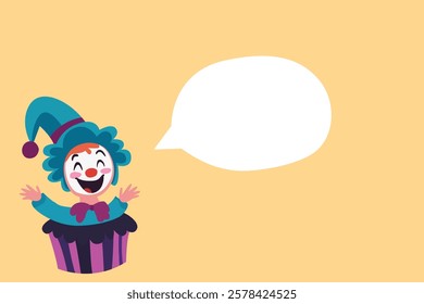 Cute jester clown in a cupcake costume with a speech bubble on a light orange background, playful and perfect for April Fools.