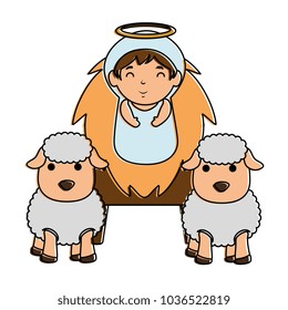 cute jesus baby in cradle with sheeps