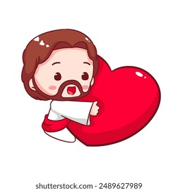 Cute Jesus With Big Love Heart Cartoon Vector. Christianity Religion Concept Design. Adorable Chibi Jesus Christ Character Illustration. Isolated White Background.