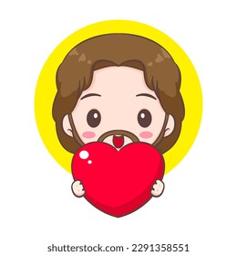 Cute Jesus cartoon character Holding Love. People Concept design. Flat adorable chibi vector illustration. Isolated white background