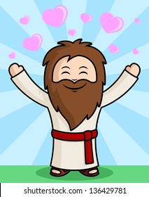Cute Jesus Character spreading the Love - with hearts & Star burst in background
