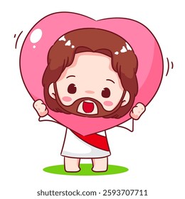 Cute Jesus chibi with big love heart cartoon character. Christian Catholic concept design. Vector icon mascot illustration.