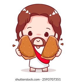 Cute Jesus chibi breaking bread cartoon character. Christian Catholic concept design. Vector icon mascot illustration.