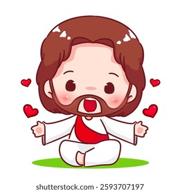 Cute Jesus chibi cartoon character. Christian Catholic concept design. Vector icon mascot illustration.